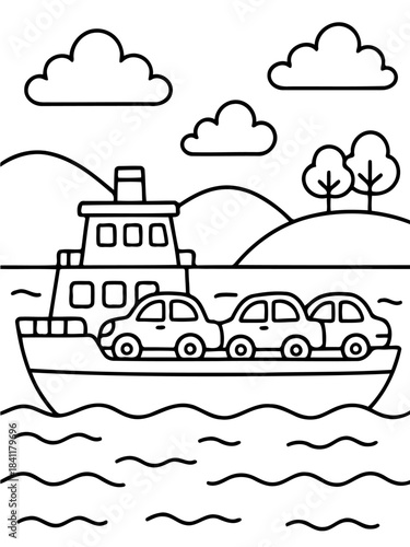Ferry Transport: A whimsical scene depicting a ferry laden with cars, navigating across a body of water, offering a serene journey through a picturesque landscape.