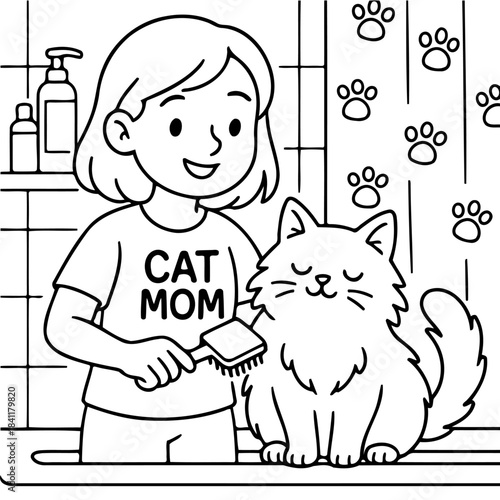 Cat Mom's Grooming Ritual: A nurturing cat mom tenderly grooms her fluffy feline friend, embodying the love and care. Capturing the tenderness of the interaction, the serenity, and the bond. 