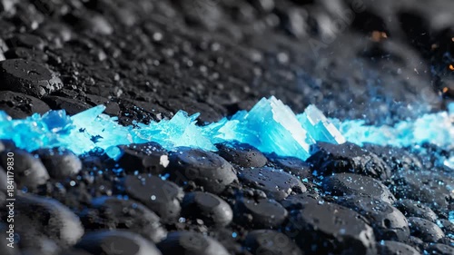 Blue Crystals Emerge From Black Lava Rocks With Magical Light Effects