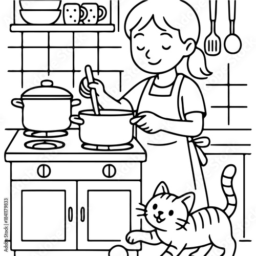 Cooking in the Kitchen: A woman is in the middle of preparing food in the kitchen along with a cat watching her. 