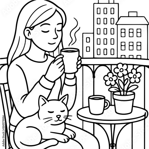 A Quiet Moment: A young woman takes a moment to sip from her cup of coffee with closed eyes, her feline companion curled up nearby, surrounded by the tranquil ambiance of her balcony.