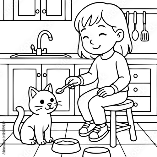 Caring Cat Owner: A young girl, seated on a stool, feeds her beloved cat in a cozy kitchen setting, creating a heartwarming scene of care and companionship.