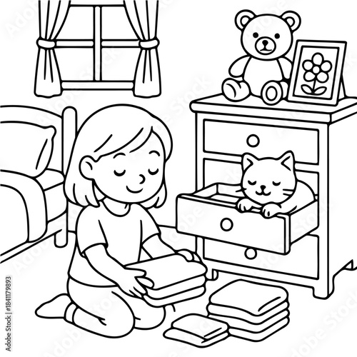 Serene Room: A tranquil scene unfolds as a young girl tidies her room, folding clothes with a gentle touch. Her cat lounges comfortably in a drawer, accompanied by a teddy bear and framed picture.