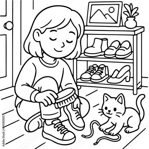 Cozy Shoe Care: A young person lovingly tends to their shoes while a playful kitten watches. Captured in a moment of everyday tenderness, this image evokes warmth and simple joy.