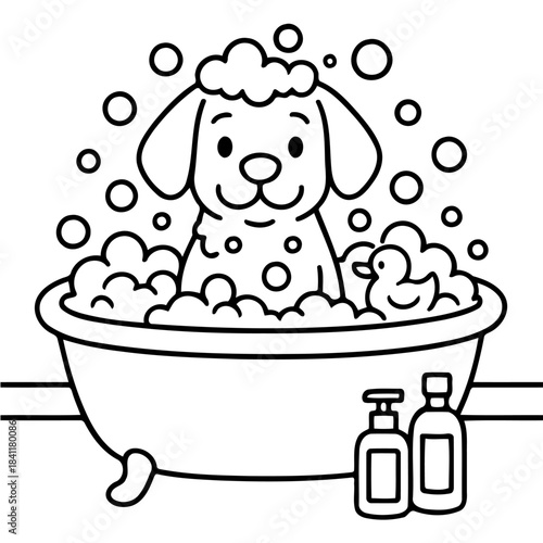 Cute Pup's Spa Day: A cheerful illustration of a dog enjoying a bubbly bath, surrounded by playful soap bubbles, embodies the bliss of relaxation and cleanliness.