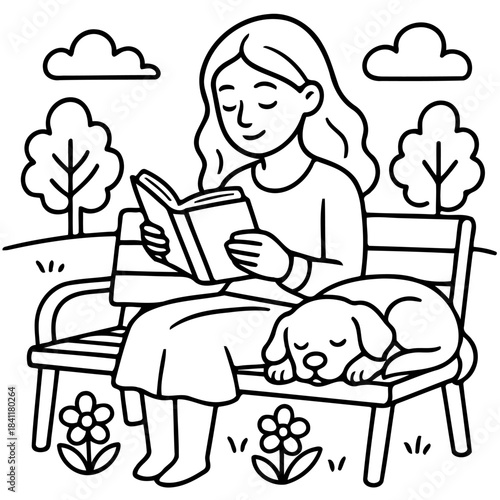 Serene Reading Companion: A woman finds solace in reading outdoors, accompanied by her loyal canine friend, a scene depicting tranquility and the joy of shared moments.