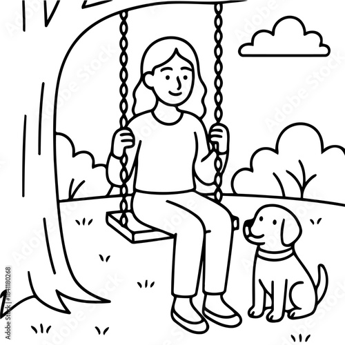 Girl on a Swing with Her Dog: A charming illustration depicts a young woman enjoying a leisurely moment on a swing, accompanied by her loyal canine companion, set against a backdrop of a serene.