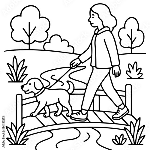 A Walk in the Park: An illustration of a person and her canine companion enjoying a leisurely stroll in a park setting, depicting the bond between them and the joy of outdoor activities.