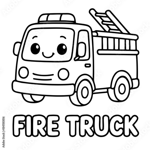 Cute Fire Truck: A charming illustration of a smiling fire truck, ready for action with its ladder, embodies the spirit of rescue and service.