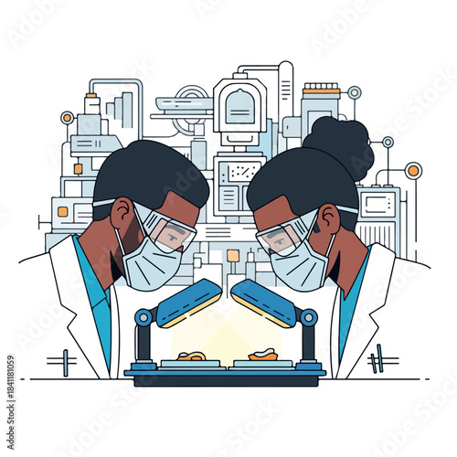 Two female scientists in lab coats and masks examining samples under microscopes in a laboratory setting with various equipment, conveying a sense of scientific inquiry and discovery during