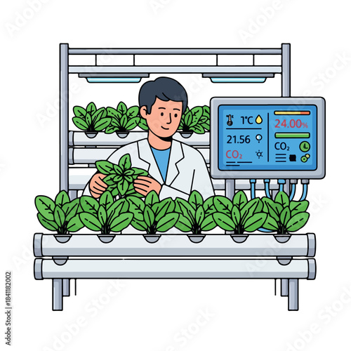 Illustration of a man in a lab coat tending plants in a hydroponic system with a control panel on a Christmas and Happy New Year themed indoor farm.