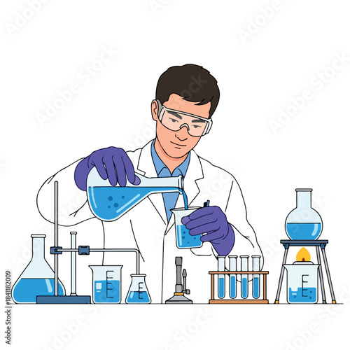 A male scientist in a lab coat carefully pours a blue liquid from a flask into a beaker on a cluttered laboratory workbench on a Christmas day to wish a happy new year.