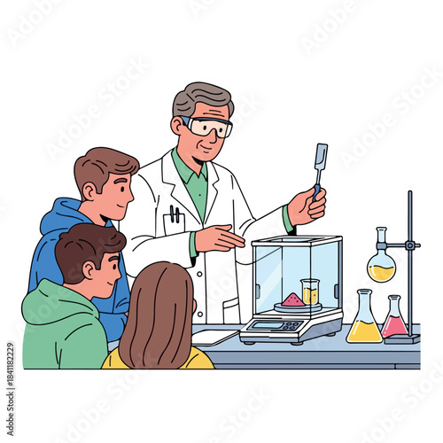 Illustration of a male science teacher explaining a chemistry experiment to students on a Christmas themed background with a happy new year message in a colorful and educational setting.