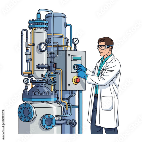 A scientist in a white lab coat operates a control panel next to a large industrial machine with pipes and valves, wearing blue gloves and safety glasses on a plain white background,