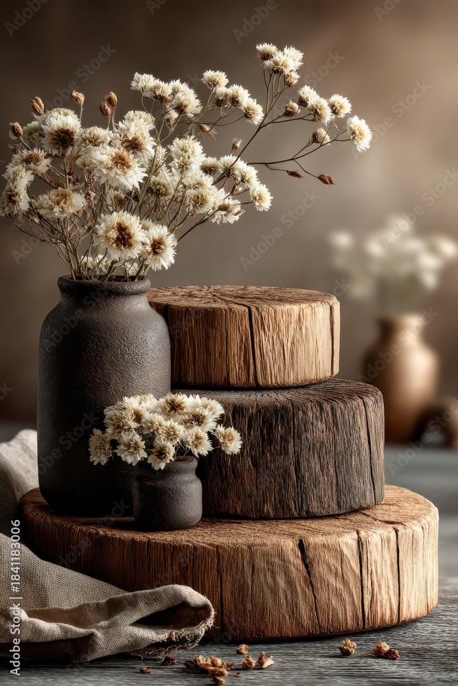 Fototapeta premium Rustic floral arrangement in dark ceramic vase on stacked wooden rounds with natural backdrop