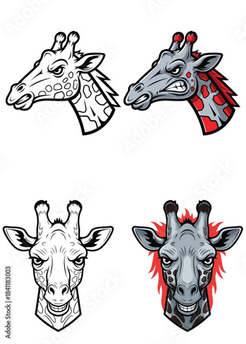 Illustration of four different styled giraffe heads with various color schemes and patterns on a white background.