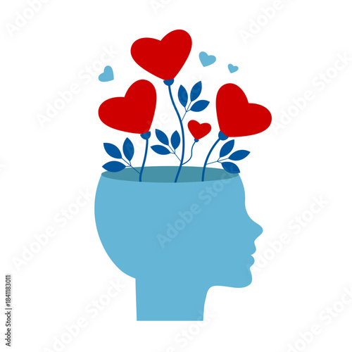 The concept of mental health and self-love. Head with hearts. Valentine