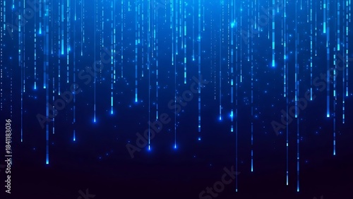 Serene illustration of luminous blue rain streaks glowing against a deep night sky.