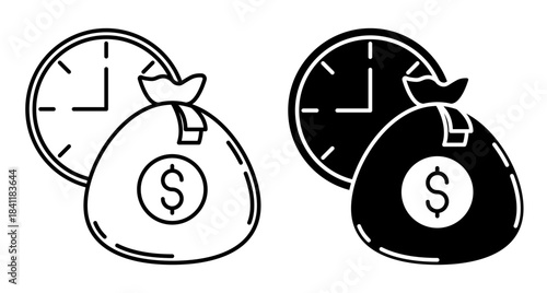 Linear icon. Bank money bag against background of moving clock hands. Simple vector isolated on white background