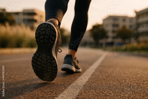 Athletes running shoes hitting the track during a sunrise workout.