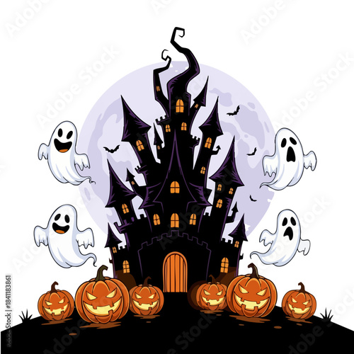 Halloween Castle with Ghosts and Pumpkins.