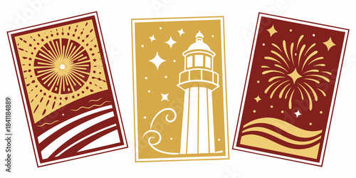 Stylized vector cards with nautical and festive elements, vector