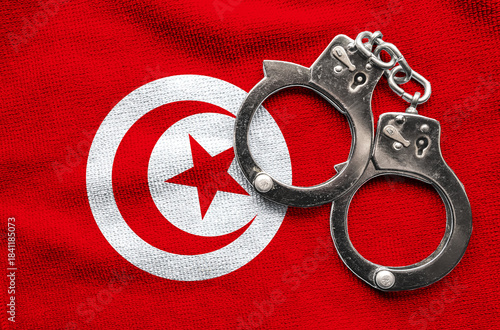 Flag of Tunisia and police handcuffs. Crime and offenses in country Concept
