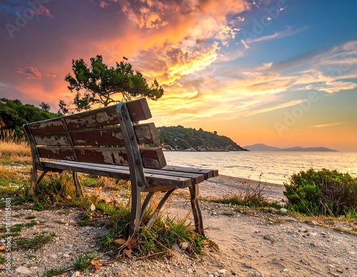 Wooden bench overlooking tranquil beach at colorful sunrise