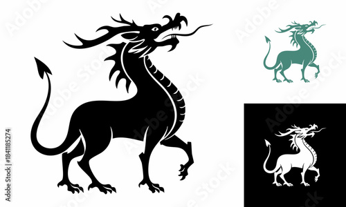 A set of horse and deer silhouettes and a vector illustration of a wild fantasy dragon animal drawing for a black tattoo design, pattern, and decoration emblem symbol