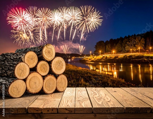 Wooden logs on a table with a fireworks display over river