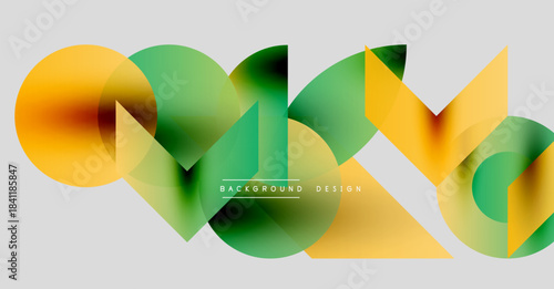 Abstract geometric shapes overlap, creating vibrant gradients. Yellows, greens dominate neutral background. Modern design element.