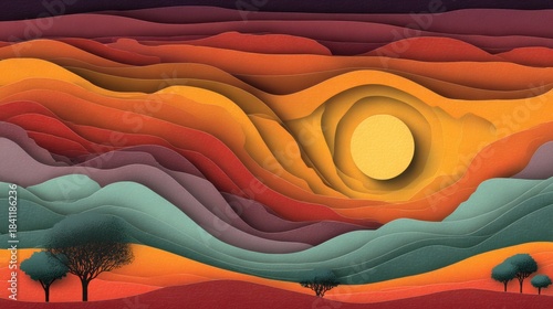 Paper cut desert landscape with trees and a sun at sunset in warm colors abstract background