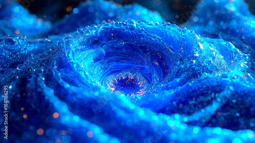 A mesmerizing abstract depiction of a luminous blue vortex, swirling with vibrant energy and sparkling particles, creating a deep, dynamic, and ethereal digital art scene