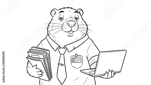 Groundhog office worker holding files and a laptop, confident expression, black and white outline, copy space