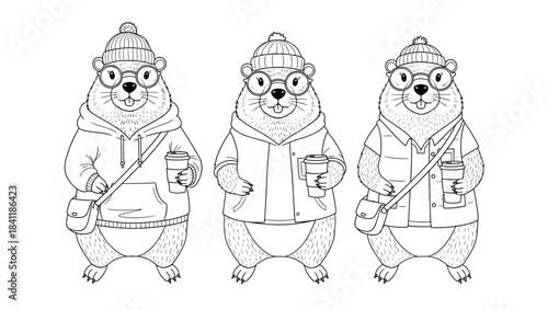 Trendy groundhogs in beanies and casual outfits holding drinks, cheerful expressions, black and white outline, copy space