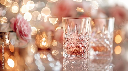 Festive drinks on reflective surface, bokeh background