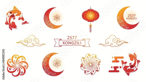Festive Chinese New Year Design Elements with Koi and Lunar Motifs
