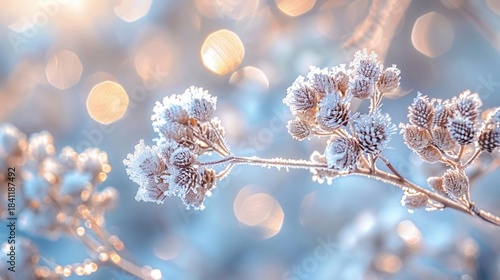 Frosted plants sunrise winter bokeh background