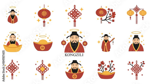 Chinese New Year Gods and Decorations Illustration