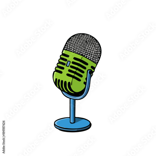 Green and Blue Cartoon Microphone on Stand for Audio Recording.