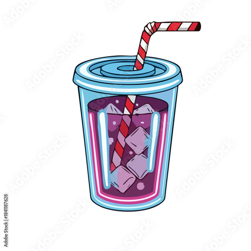 Iced Drink with Striped Straw and Ice Cubes in a Cup.