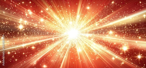 Intense golden-white starburst explosion with radiant beams on a deep red background