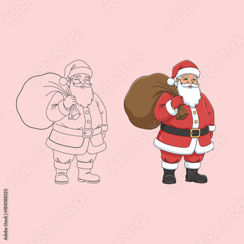 Santa Claus with gift sack in line art and full color version