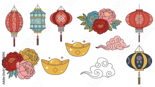 Chinese New Year Decorations Lanterns, Gold Ingots, and Floral Accents