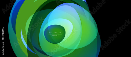 Abstract design features layered shapes, vibrant greens, blues. Modern aesthetic, smooth gradients create dynamic visual effect. Text reads background design.