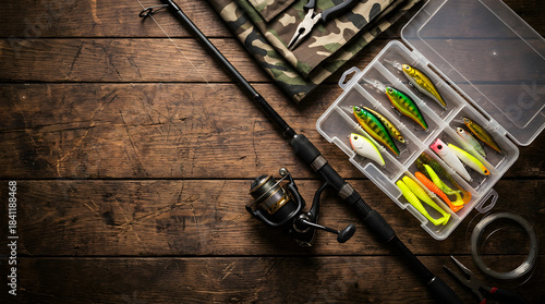 Fishing equipment laid out on wood. Rod, reel, lures, pliers, and camouflage fabric. Hobby, leisure, and outdoor activity concept. flat lay fishing equipment