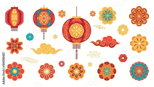 Vibrant Chinese New Year Lanterns and Floral Elements