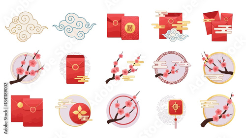 Lunar New Year Envelopes and Plum Blossoms Vector Collection