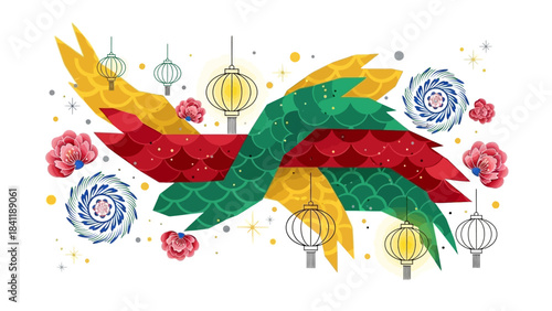 Colorful Dragon Dance Illustration with Lanterns and Floral Accents