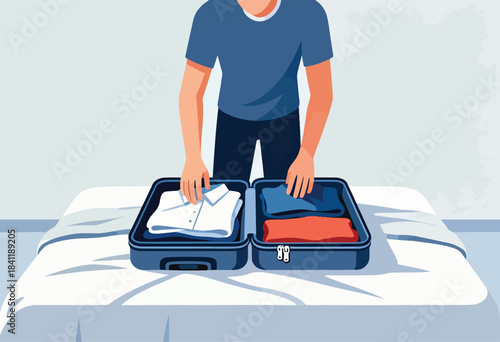 Illustration of a person packing a suitcase on a bed. Shirt, pants, and other clothes are in case